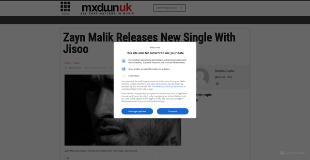 Security scan screenshot of http://www.mxdwn.co.uk/news/zayn-malik-releases-new-single-with-jisoo/