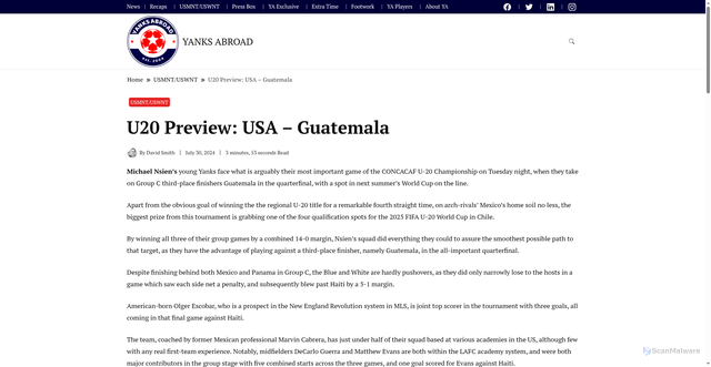 Security scan screenshot of https://yanks-abroad.co/2024/07/30/u20-preview-usa-guatemala/