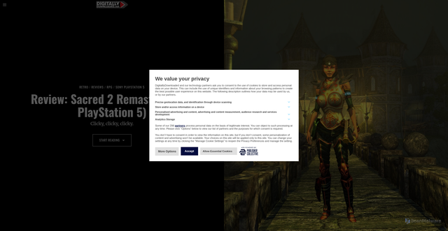 Security scan screenshot of https://www.digitallydownloaded.net/2025/11/review-sacred-2-remaster-sony-playstation-5.html