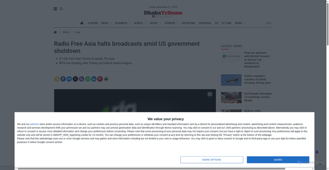 Security scan screenshot of https://www.dhakatribune.com/world/asia/395192/radio-free-asia-halts-broadcasts-amid-us