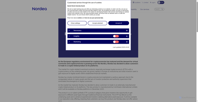 Security scan screenshot of https://www.nordea.com/en/news/nordea-to-offer-customers-access-to-an-exchange-traded-product-tracking-bitcoin