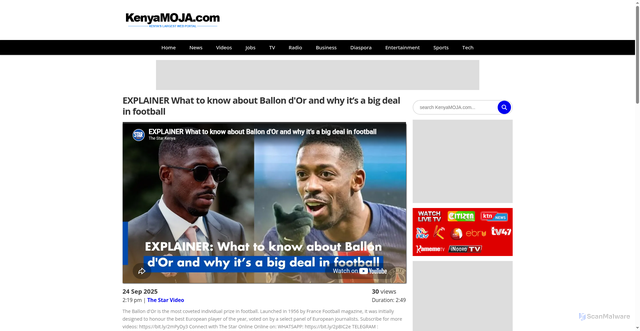 Security scan screenshot of https://www.kenyamoja.com/video/explainer-what-know-about-ballon-dor-and-why-its-big-deal-football-star-video-69002