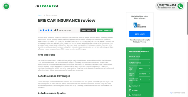Security scan screenshot of https://www.insurance.us/companies/erie-car-insurance