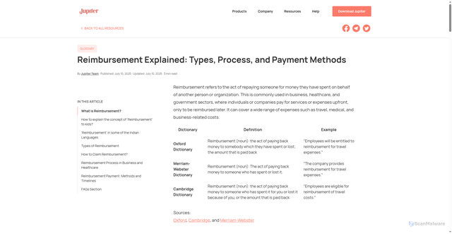 Security scan screenshot of https://jupiter.money/glossary/reimbursement/