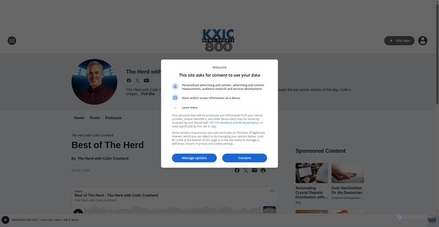 Security scan screenshot of https://kxic.iheart.com/featured/the-herd-with-colin-cowherd/content/2025-10-27-1-the-herd-with-colin-cowherd-best-of-the-herd/