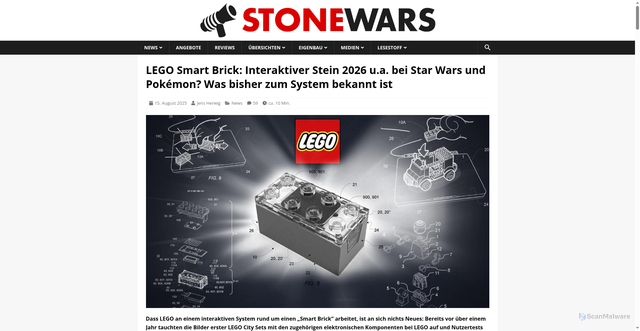 Security scan screenshot of https://www.stonewars.de/news/lego-smart-brick-2026-geruechte-und-infos/