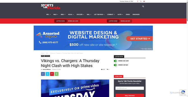 Security scan screenshot of https://sportstalkflorida.com/featured/vikings-vs-chargers-a-thursday-night-clash-with-high-stakes/