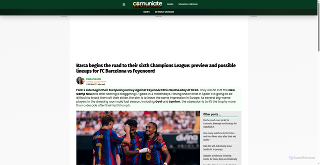 Security scan screenshot of https://www.comuniate.com/en/noticias/37802/barca-begins-the-road-to-their-sixth-champions-league-preview-and-possible-lineups-for-fc-barcelona-vs-feyenoord