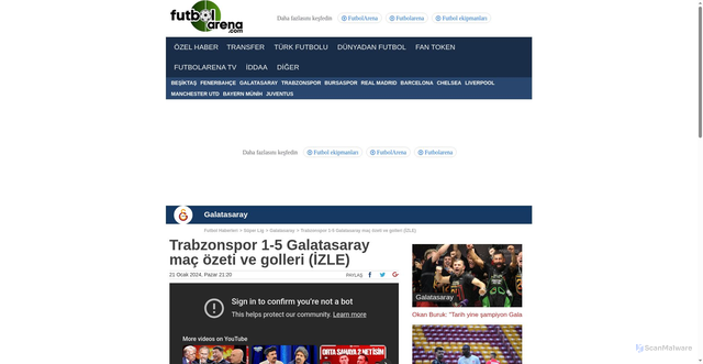 Security scan screenshot of https://www.futbolarena.com/galatasaray/trabzonspor-15-galatasaray-mac-ozeti-ve-golleri-izle-393634h/