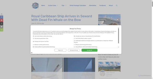 Security scan screenshot of https://madaboutcruises.com/royal-caribbean-seward-dead-fin-whale/