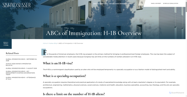 Security scan screenshot of https://www.visalaw.com/abcs-of-immigration-h-1b-overview/