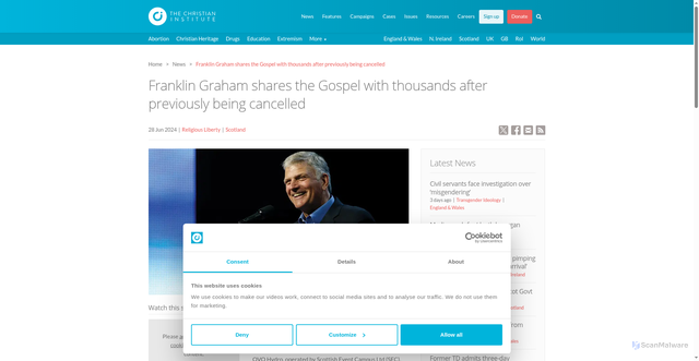 Security scan screenshot of https://www.christian.org.uk/news/franklin-graham-shares-the-gospel-with-thousands-after-previously-being-cancelled/