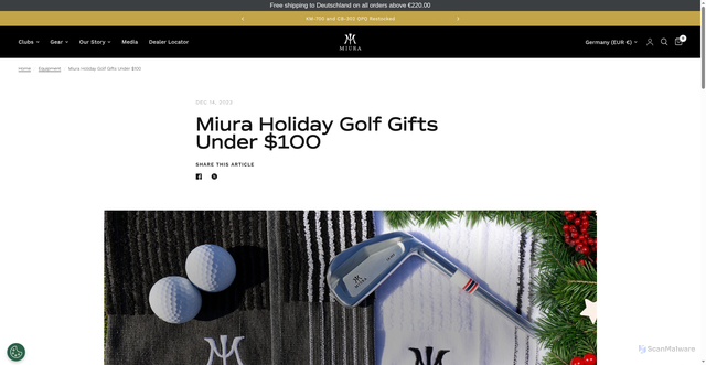 Security scan screenshot of https://miuragolf.com/blogs/equipment/miura-holiday-golf-gifts-under-100?srsltid=AU7gw4WxB1vOiTvReyn9dFl5RgsYXP-OSLkY0kiDwkBGq6zNl9wum8S0