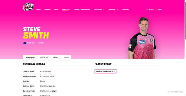 Security scan screenshot of https://www.sydneysixers.com.au/players/CA:1075/steven-smith