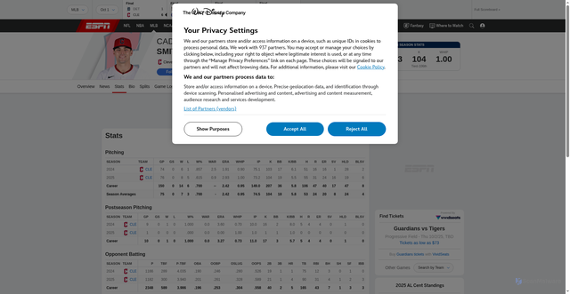 Security scan screenshot of https://www.espn.com/mlb/player/stats/_/id/4987924/cade-smith