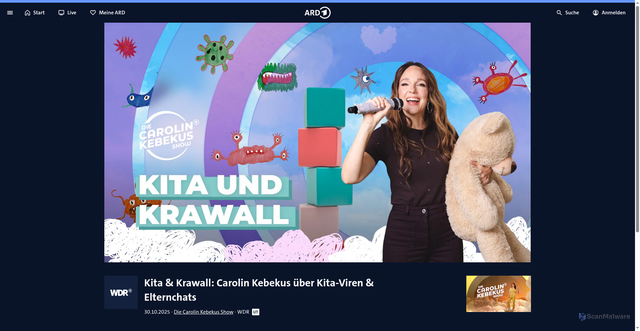 Security scan screenshot of https://www.ardmediathek.de/video/die-carolin-kebekus-show/kita-und-krawall-carolin-kebekus-ueber-kita-viren-und-elternchats/wdr/Y3JpZDovL3dkci5kZS9CZWl0cmFnLXNvcGhvcmEtNTMwMmUwMjEtMTNmNC00NTI4LThiM2YtOGE3ZDhhMWI2N2Ey