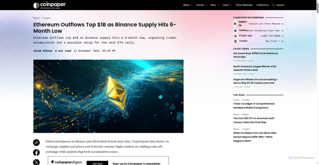 Security scan screenshot of https://coinpaper.com/12311/ethereum-outflows-top-1-b-as-binance-supply-hits-6-month-low