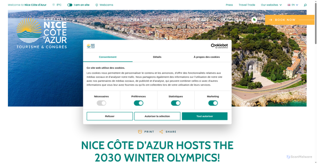 Security scan screenshot of https://www.explorenicecotedazur.com/en/news/nice-cote-dazur-hosts-the-2030-winter-olympics/