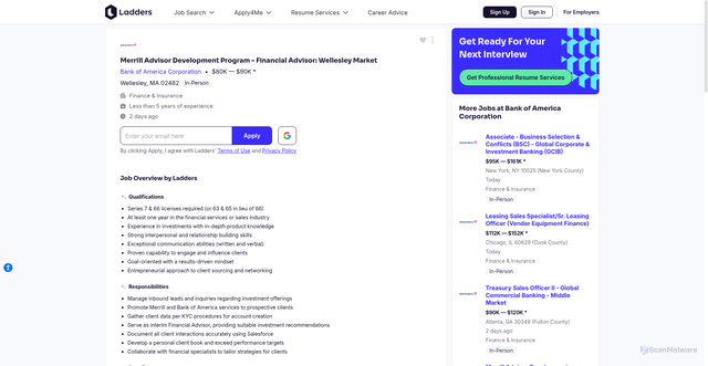 Security scan screenshot of https://www.theladders.com/job/merrill-advisor-development-program-financial-advisor-wellesley-market-bankofamericacorporation-wellesley-ma_86312172