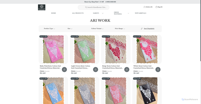 Security scan screenshot of https://handloomclothstore.com/ARI-WORK/collection/V4sxolmT