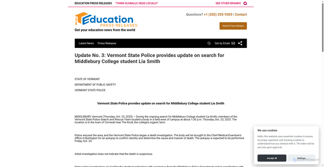 Security scan screenshot of https://www.educationpressreleases.com/article/860967891-update-no-3-vermont-state-police-provides-update-on-search-for-middlebury-college-student-lia-smith