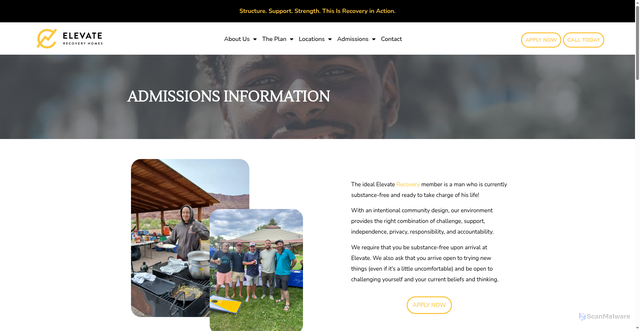 Security scan screenshot of https://elevaterecoveryhomes.com/admissions-info/