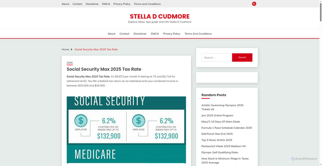 Security scan screenshot of https://stelladcudmore.pages.dev/dsfks-social-security-max-2025-tax-rate-oiqdq/