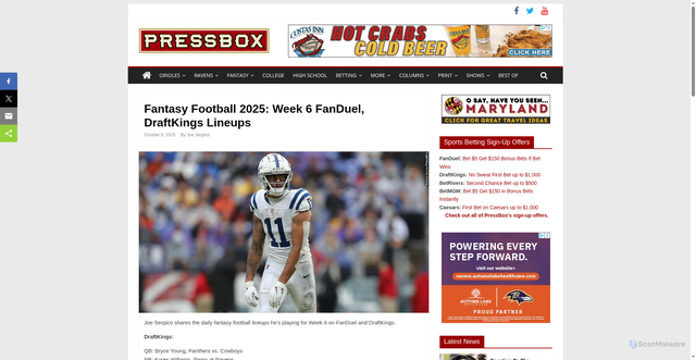 Security scan screenshot of https://pressboxonline.com/2025/10/09/fantasy-football-2025-week-6-fanduel-draftkings-lineups/