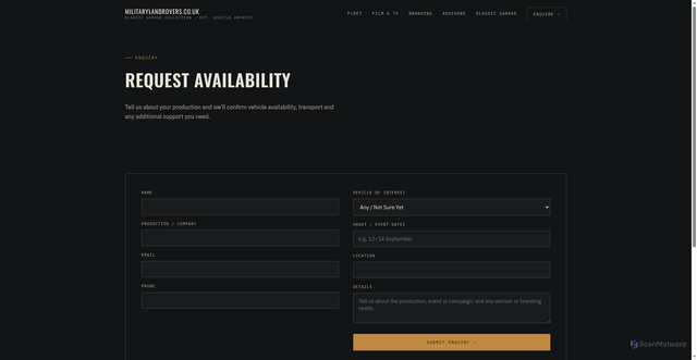 Security scan screenshot of https://militarylandrovers.com/Military-Land-Rover-Hire-Enquiry-London.html