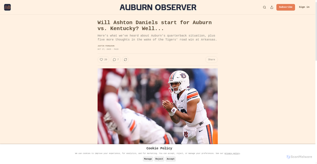 Security scan screenshot of https://www.auburnobserver.com/p/auburn-football-ashton-daniels-jackson-arnold-starter-kentucky