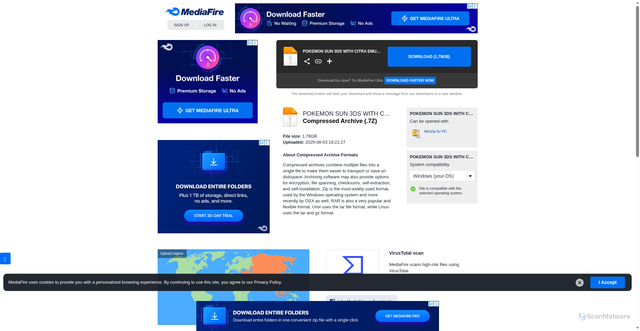 Security scan screenshot of https://www.mediafire.com/file/tvkorwl8fgamgs6/POKEMON_SUN_3DS_WITH_CITRA_EMULATOR.7z/file
