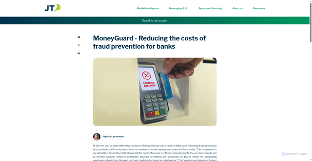 Security scan screenshot of https://blog.international.jtglobal.com/moneyguard-reducing-the-costs-of-fraud-prevention-for-bank