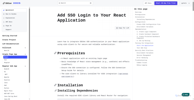 Security scan screenshot of https://ssojet-docs.pages.dev/en/sso/quickstart/frontend/react/