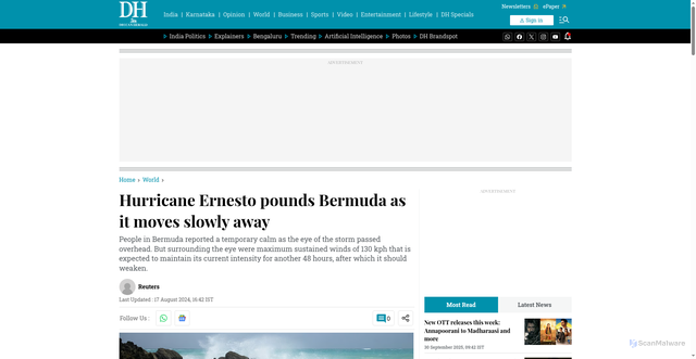 Security scan screenshot of https://www.deccanherald.com/world/hurricane-ernesto-pounds-bermuda-as-it-moves-slowly-away-3154094