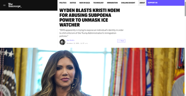 Security scan screenshot of https://theintercept.com/2025/11/21/wyden-noem-dhs-customs-unmask-social-media/