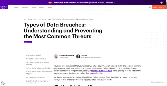 Security scan screenshot of https://objectfirst.com/guides/data-security/types-of-data-breaches/