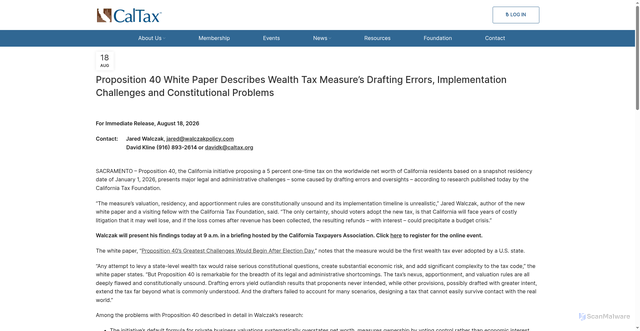 Security scan screenshot of https://caltax.org/news-release/proposition-40-white-paper-describes-wealth-tax-measures-drafting-errors-implementation-challenges-and-constitutional-problems/