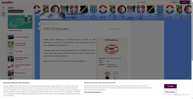 Security scan screenshot of https://eredivisie.fandom.com/wiki/PSV_Eindhoven
