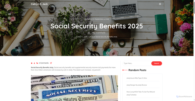 Security scan screenshot of https://caitlynjackc.pages.dev/pmswf-2025-social-security-benefits-2025-gzmbv/