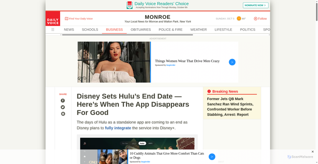 Security scan screenshot of https://dailyvoice.com/ny/monroe/disney-sets-hulus-end-date-heres-when-the-app-disappears-for-good/
