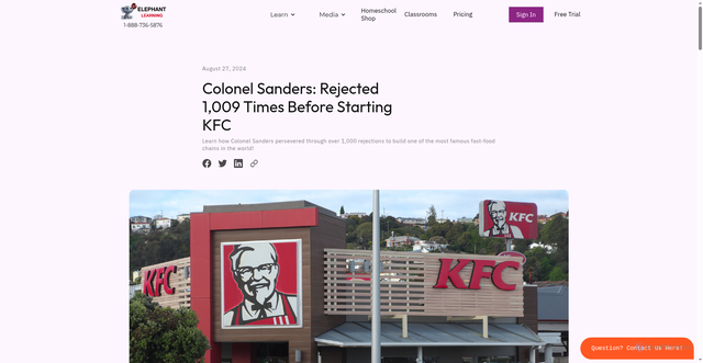 Security scan screenshot of https://www.elephantlearning.com/post/colonel-sanders-rejected-over-one-thousand-times-before-starting-kfc