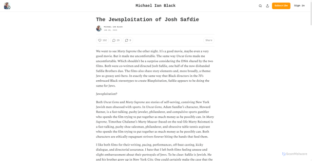 Security scan screenshot of https://michaelianblack.substack.com/p/the-jewsploitation-of-josh-safdie