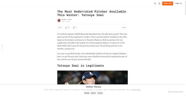 Security scan screenshot of https://baseballscoops.substack.com/p/the-most-underrated-pitcher-available