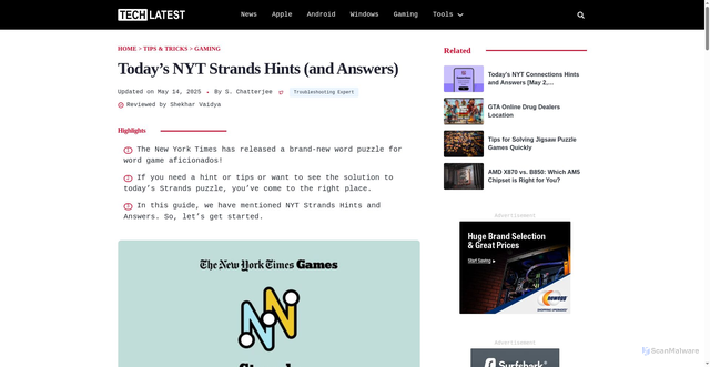 Security scan screenshot of https://tech-latest.com/todays-nyt-strands-hints-and-answers/