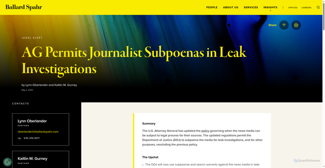 Security scan screenshot of https://www.ballardspahr.com/insights/alerts-and-articles/2025/05/ag-permits-journalist-subpoenas-in-leak-investigations