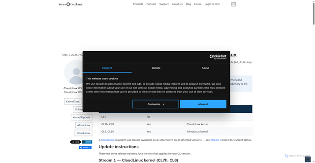 Security scan screenshot of https://blog.cloudlinux.com/cve-2026-31431-copy-fail-kernel-update