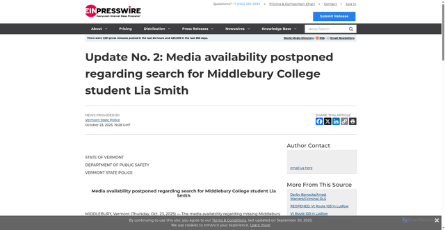 Security scan screenshot of https://www.einpresswire.com/article/860917209/update-no-2-media-availability-postponed-regarding-search-for-middlebury-college-student-lia-smith
