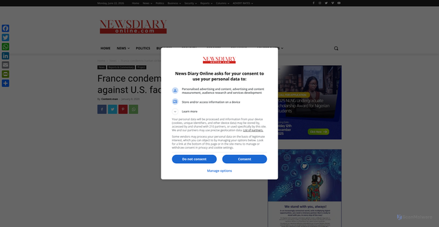 Security scan screenshot of https://newsdiaryonline.com/france-condemns-iranian-strikes-against-u-s-facilities-in-iraq/