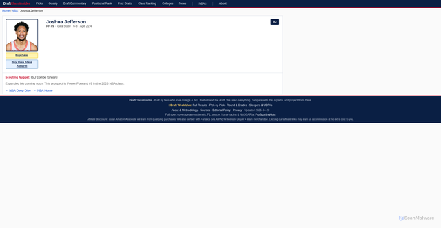 Security scan screenshot of https://draftclassinsider.com/NBA_draft/prospect/joshua-jefferson.html