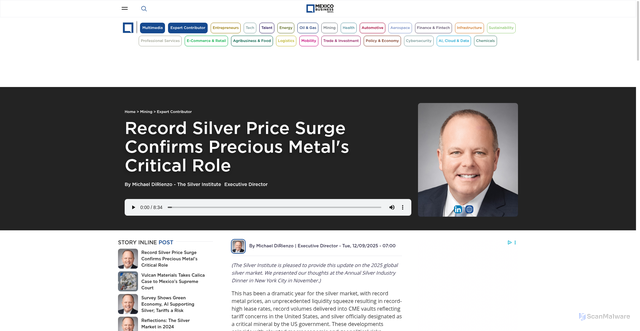 Security scan screenshot of https://mexicobusiness.news/mining/news/record-silver-price-surge-confirms-precious-metals-critical-role